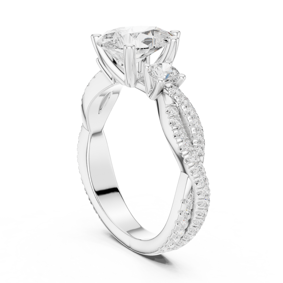 Pear Cut Lab-Grown Diamond 3 Stone Proposal Ring with Twisted Pavé Band, White Gold