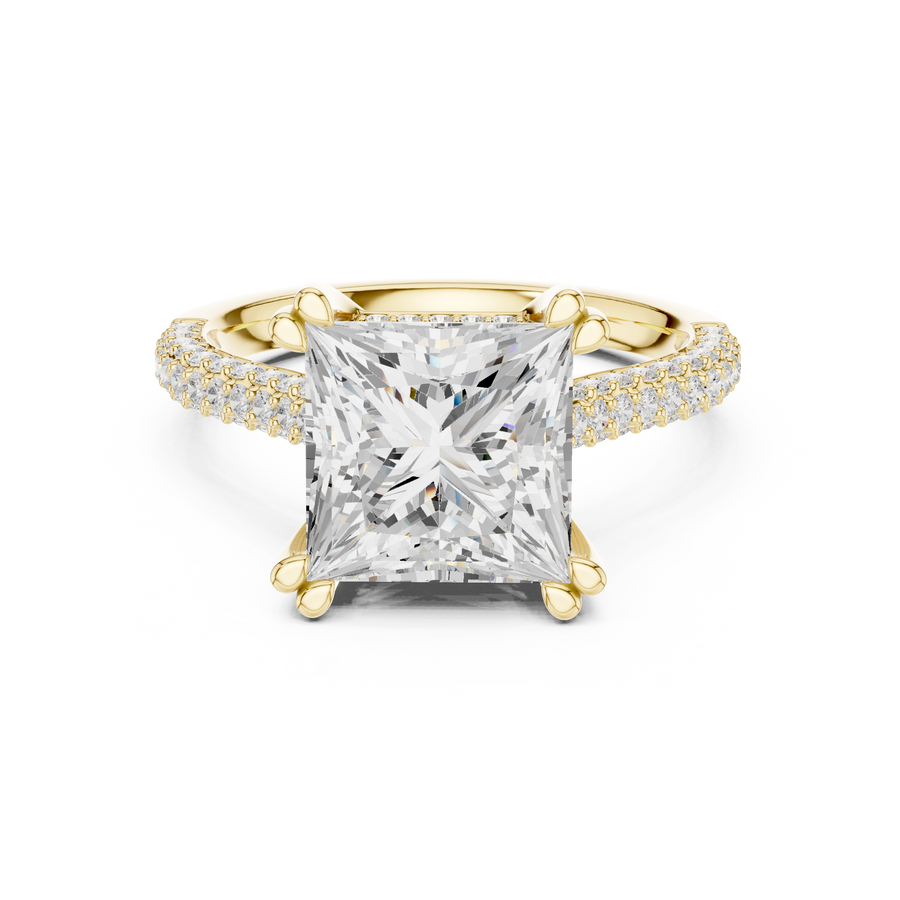 IGI Certified Princess Cut Lab Grown Diamond Hidden Halo Engagement Ring, Yellow Gold