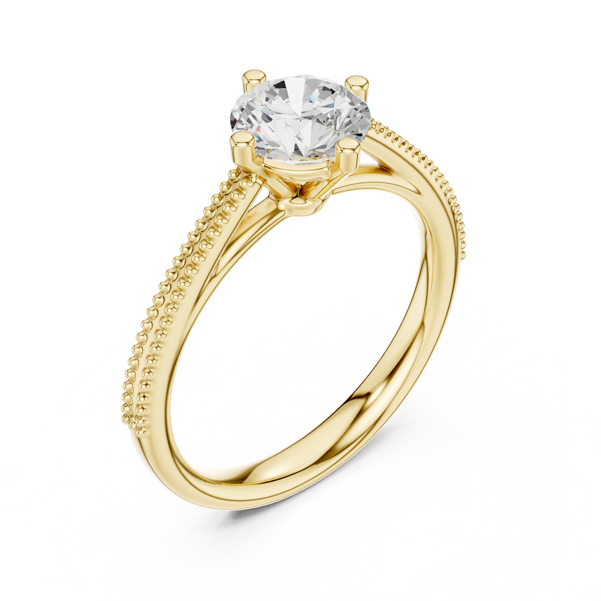 Beaded Band Solitaire Round Lab Grown Diamond Ring, Yellow Gold