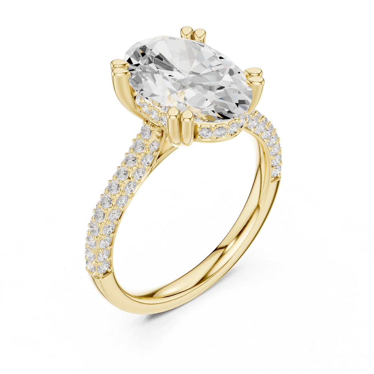 4.00 CT Oval Lab Grown Diamond Hidden Halo Ring with Pavé Band, Yellow Gold