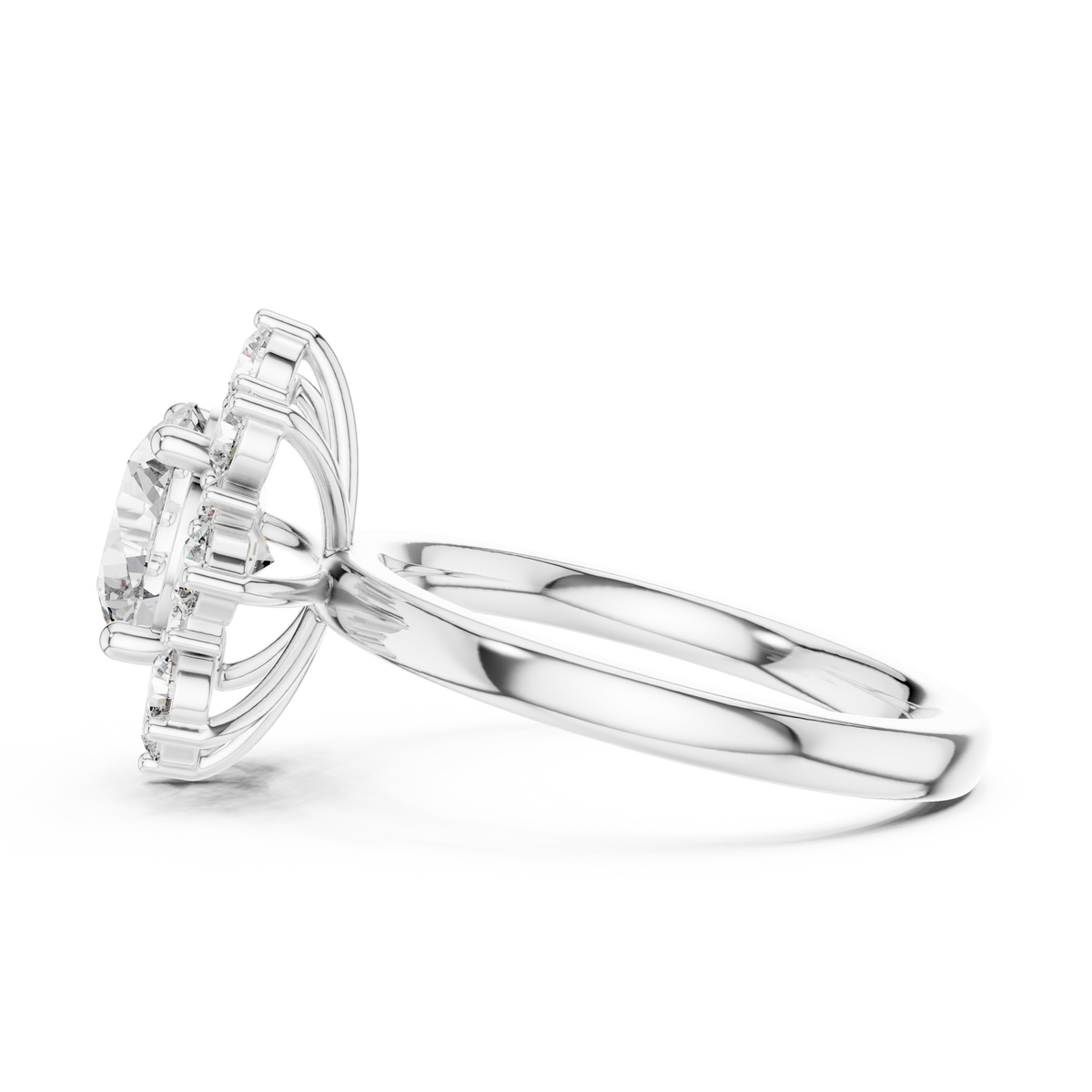 Round Cut Lab Grown Diamond Floral Halo Ring with Diamond Accents, White Gold