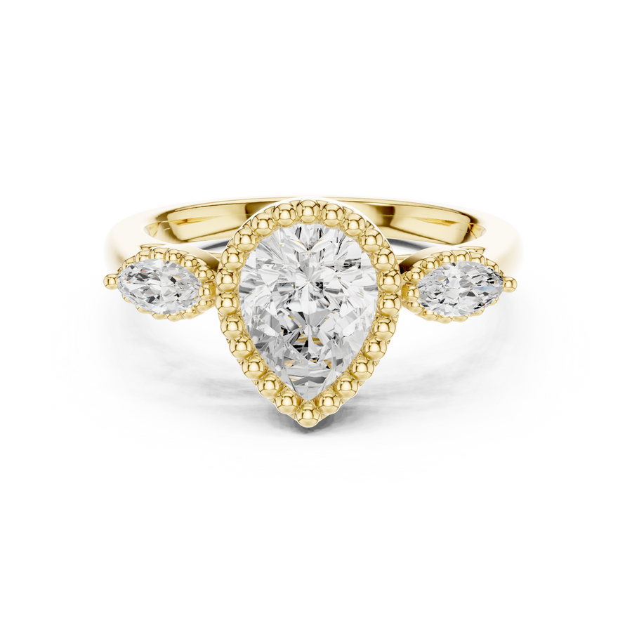 Pear Cut Lab-Grown Diamond Halo Anniversary Ring with Marquise Side Stones, Yellow Gold