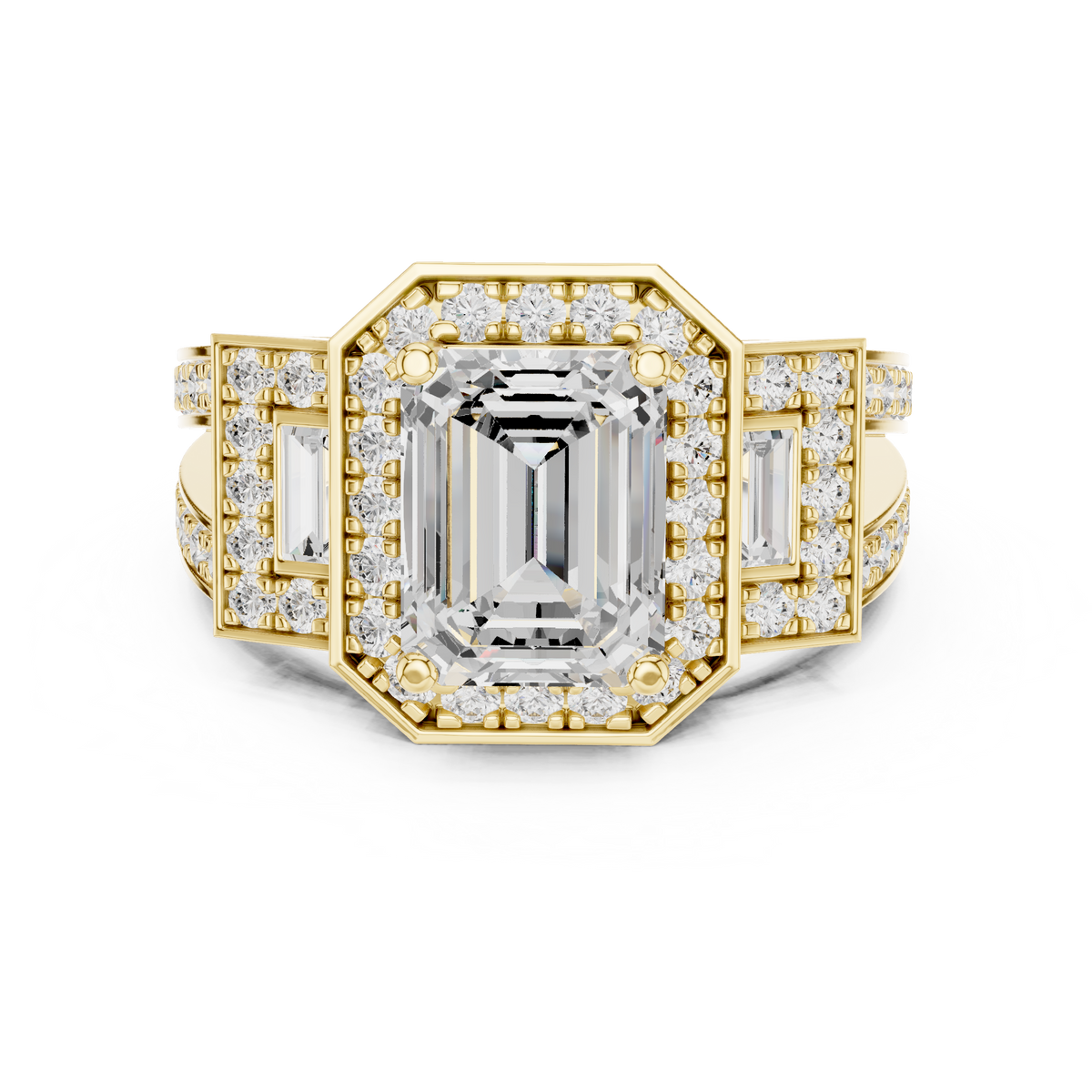 2.50 CT Emerald Cut Lab-Grown Diamond 3 Stone Ring with Baguette & Pavé Accents, Yellow Gold