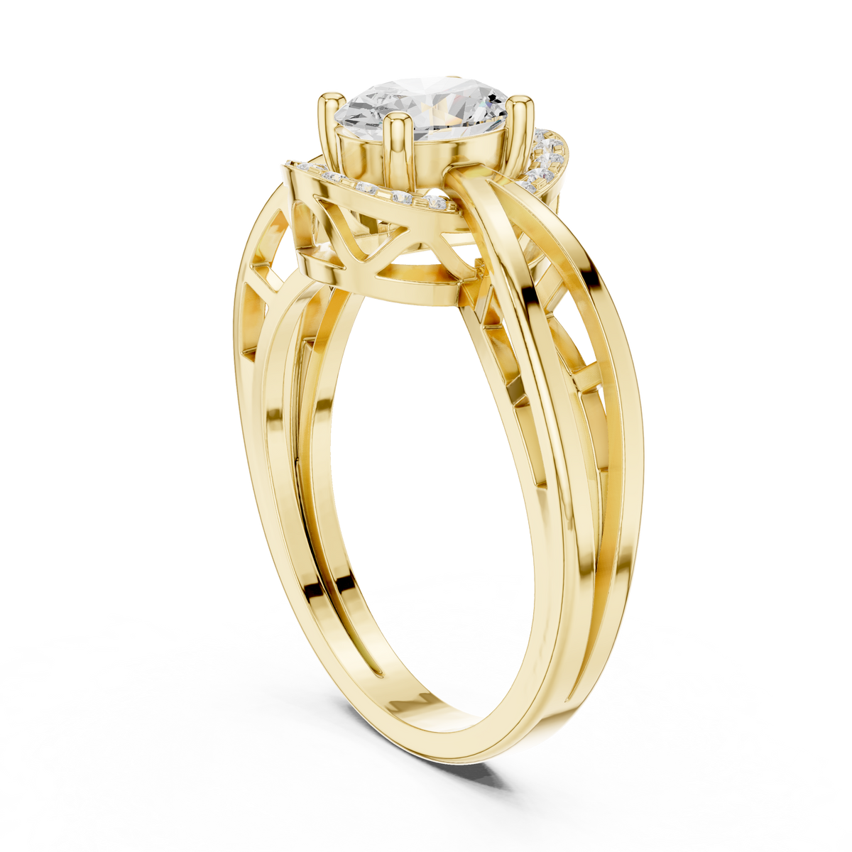 Oval Cut Lab Grown Diamond Halo Ring with Intricate Split Band, Yellow Gold