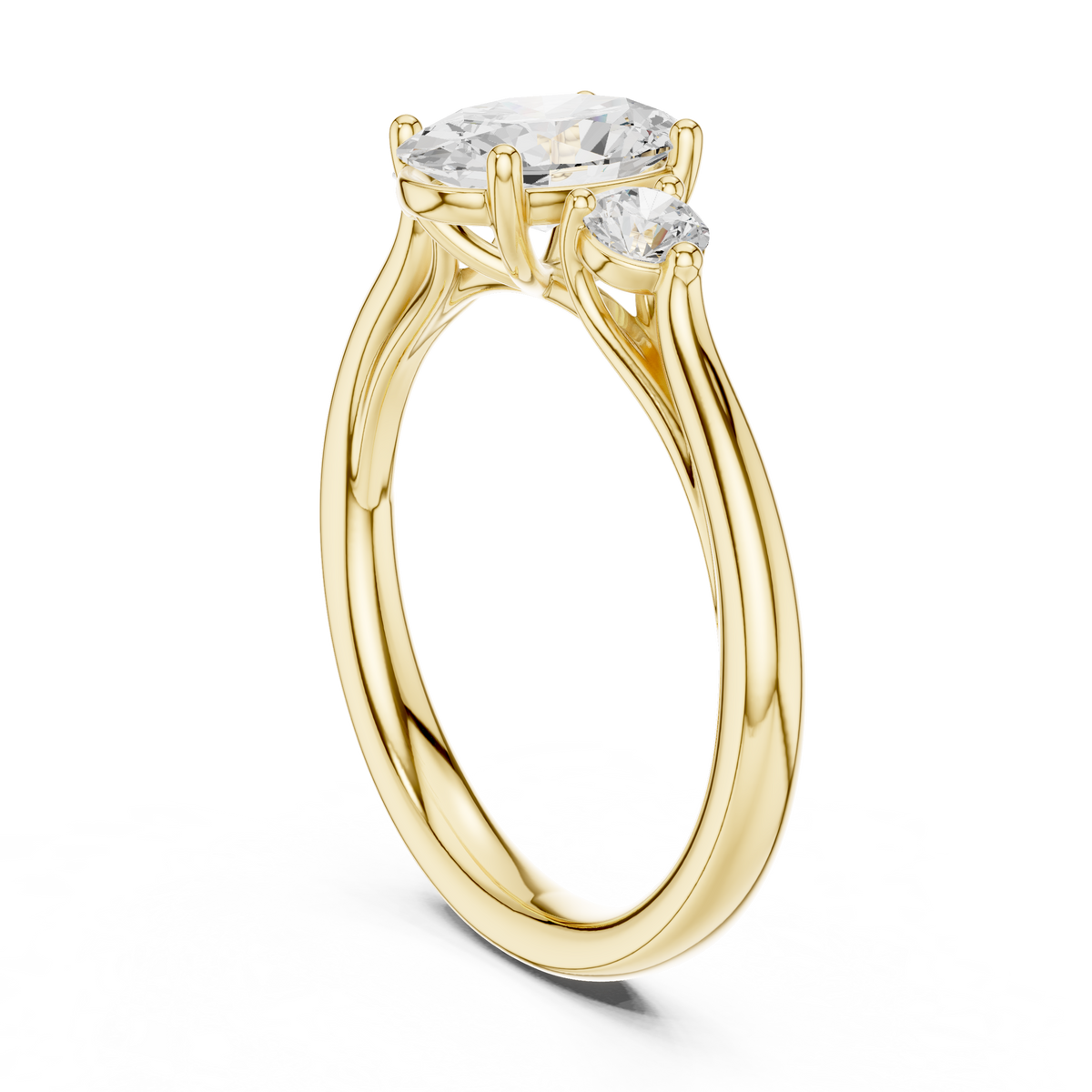 Oval Cut Lab Grown Diamond Three Stone Ring with Round Side Stones, Yellow Gold