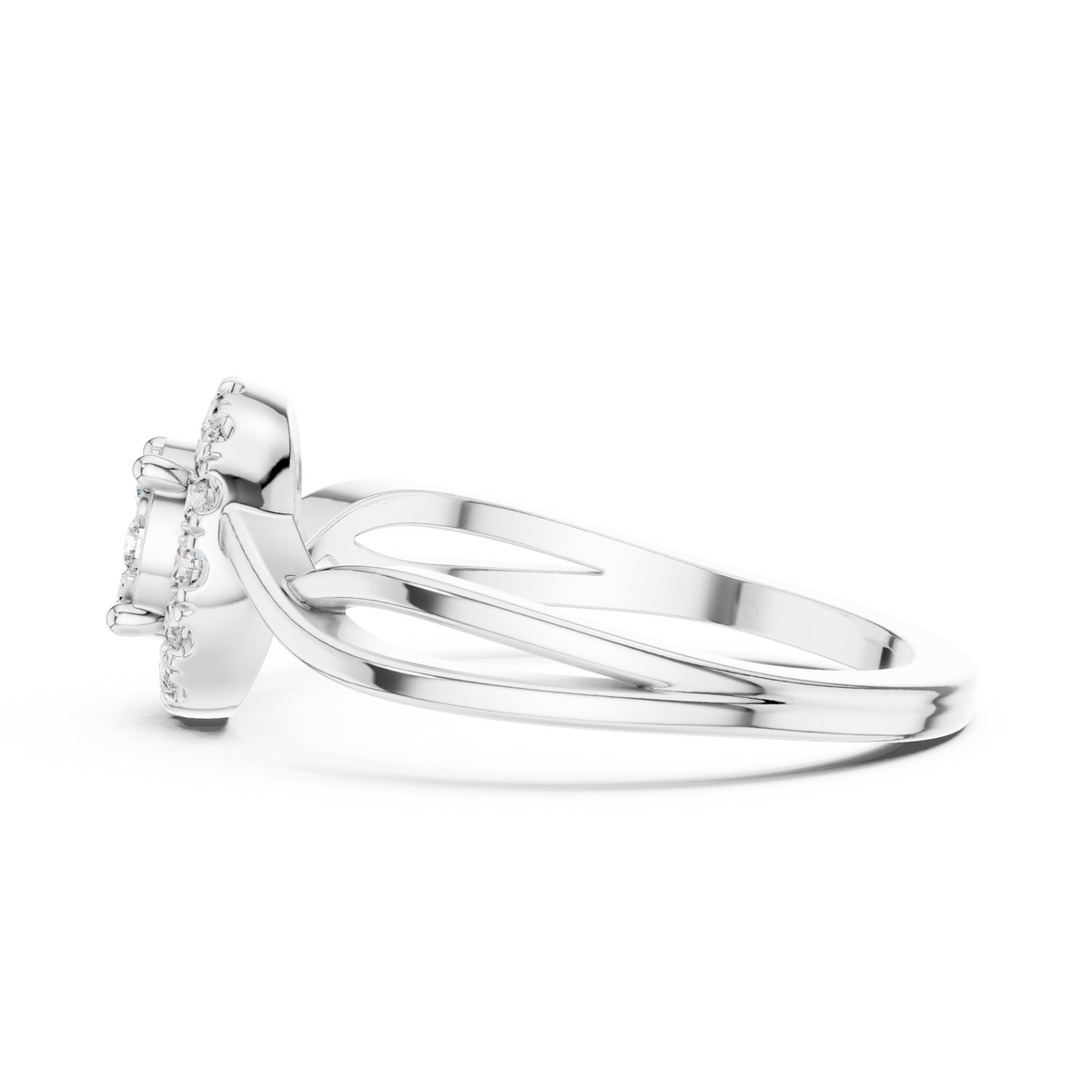 Round Cut Lab Grown Diamond Cluster Halo Ring with Twisted Pavé Band, White Gold