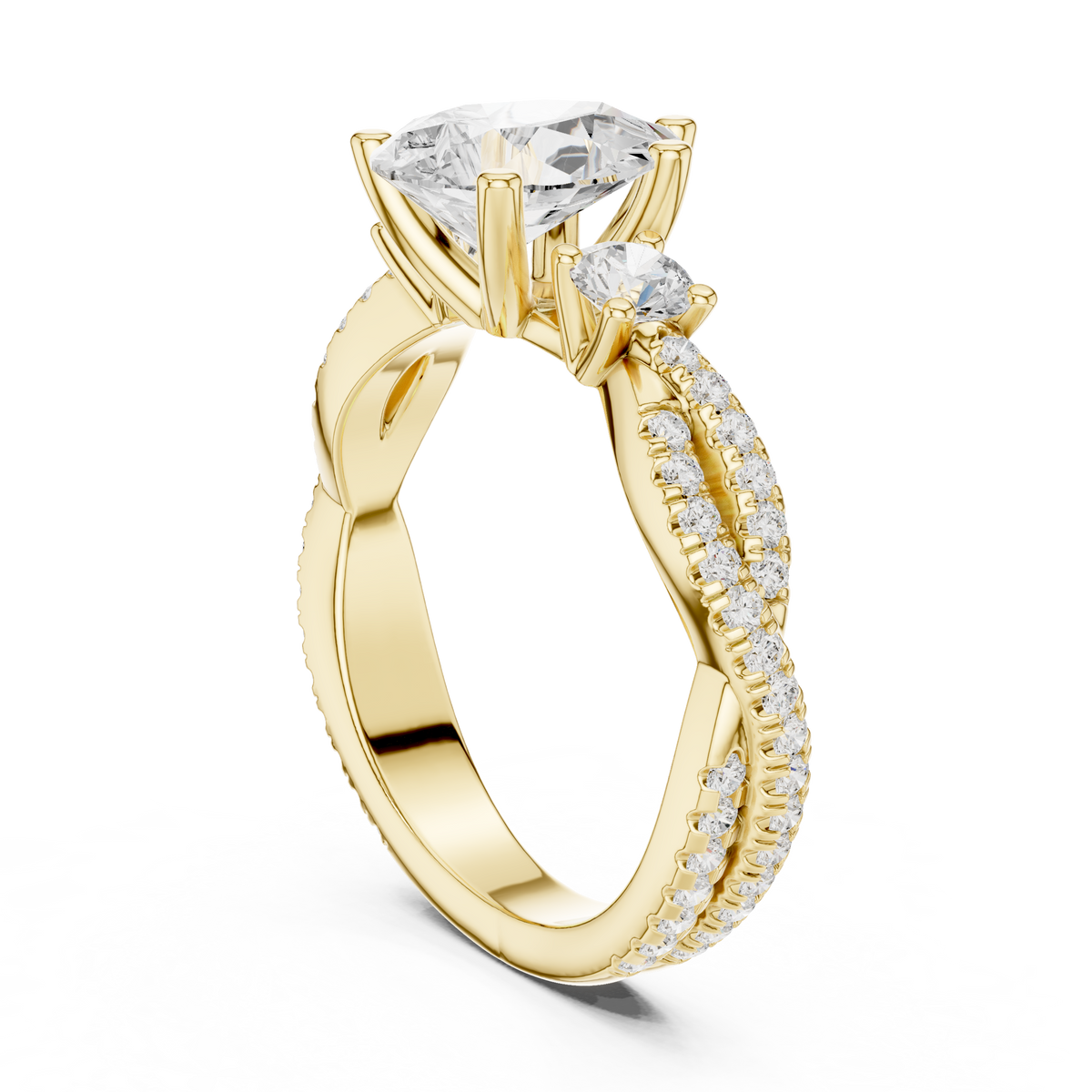 Pear Cut Lab-Grown Diamond 3 Stone Proposal Ring with Twisted Pavé Band, Yellow Gold