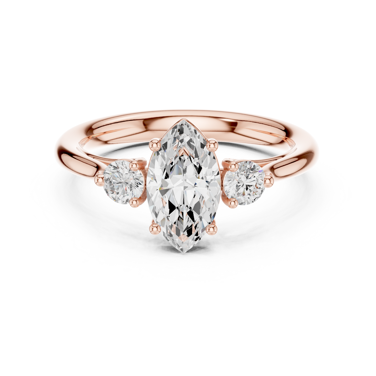 Marquise Cut Lab Grown Diamond Three Stone Ring with Round Side Stones, Rose Gold