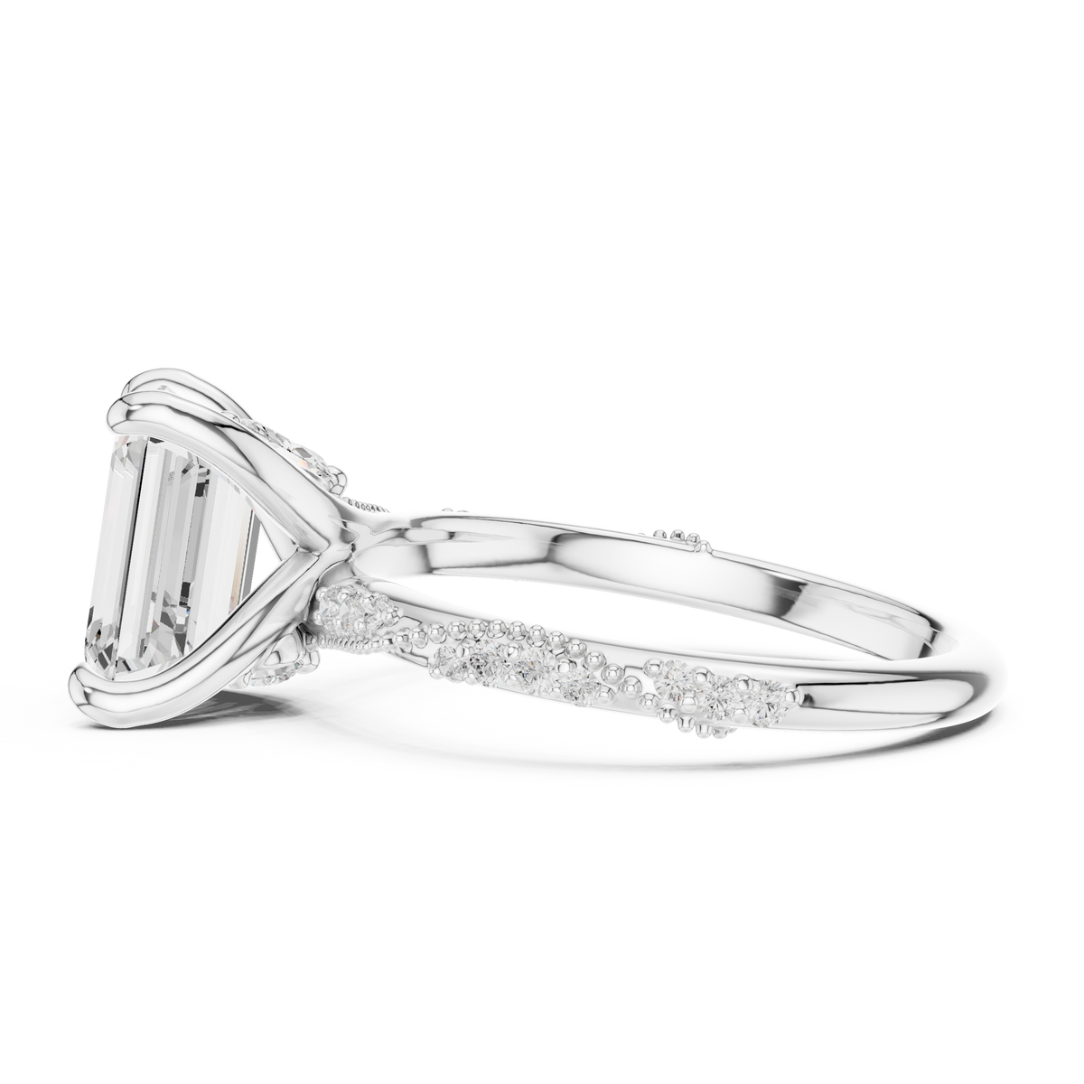 Emerald Cut Lab-Grown Diamond Engagement Ring with Marquise and Pavé Accent Band, White Gold