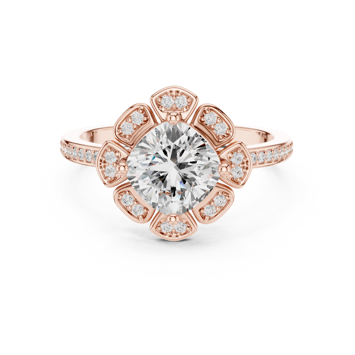 1.50 CT Round Brilliant Lab-Grown Diamond Floral Halo Ring with Pavé Band, Rose Gold