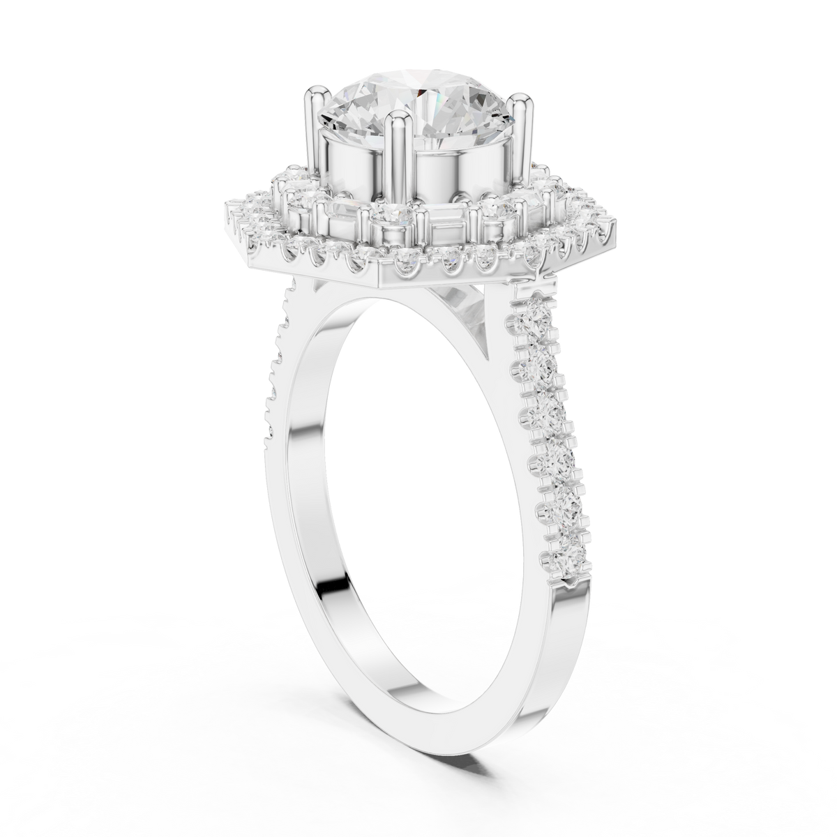 IGI Certified 1.50 Carat Round Cut Lab Grown Diamond Double Halo Baguette Accent Ring, White Gold
