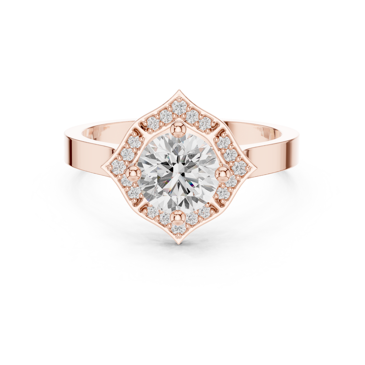 IGI Certified 0.86 Carat Round Cut Lab Grown Diamond Geometric Halo Ring, Rose Gold