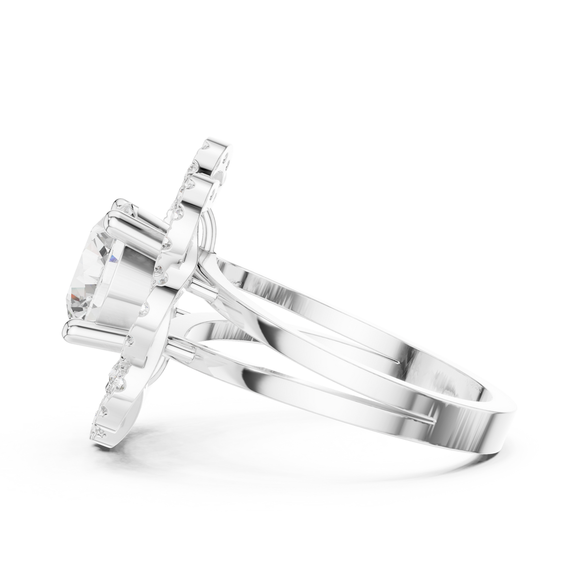 Round Diamond Floral Halo Ring with Split Shank, White Gold