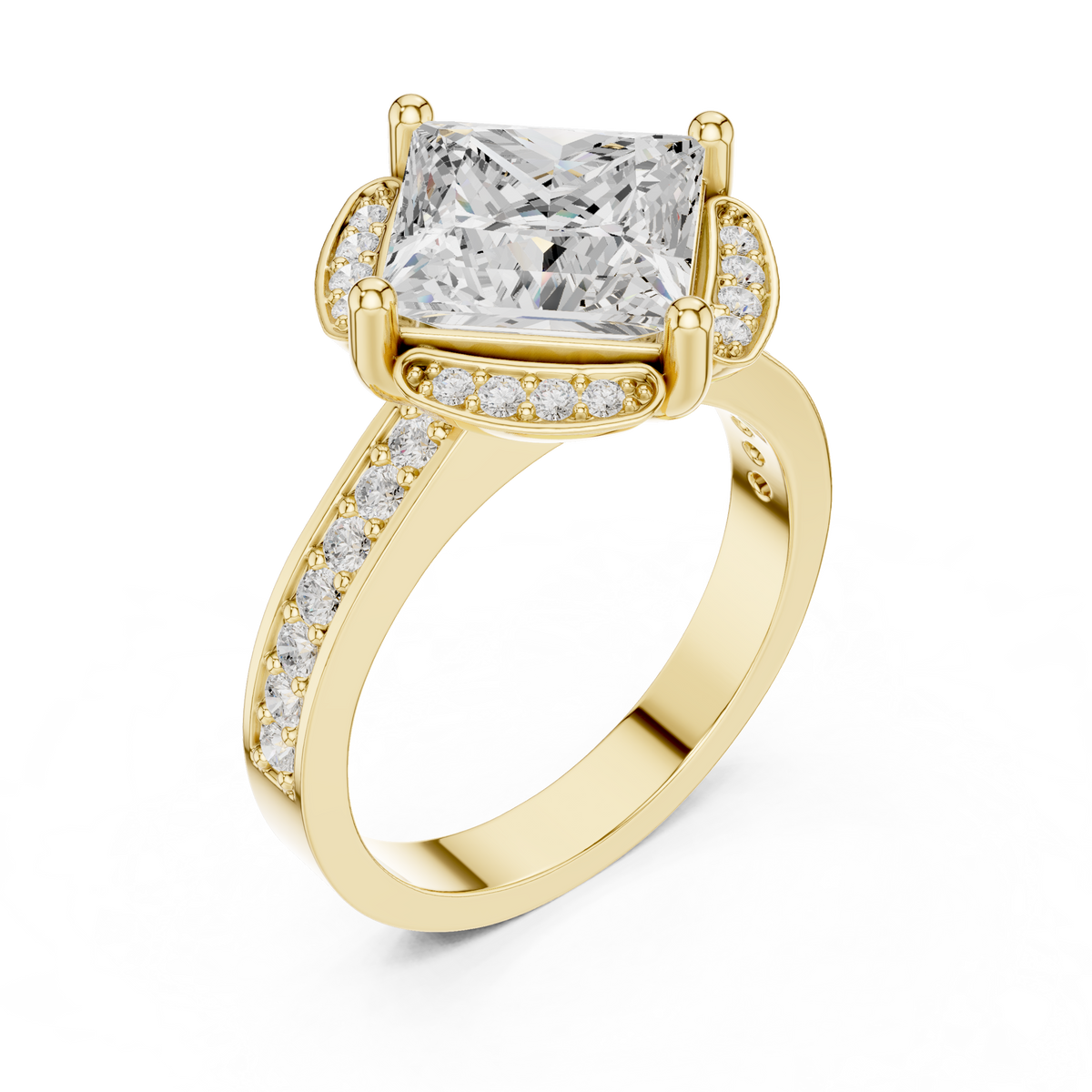 2.00 CT Princess Cut Lab-Grown Diamond Halo Ring with Round Pavé Accents, Yellow Gold