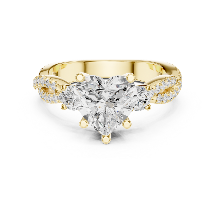 Heart Cut Lab-Grown Diamond 3 Stone Proposal Ring with Twisted Pavé Band, Yellow Gold