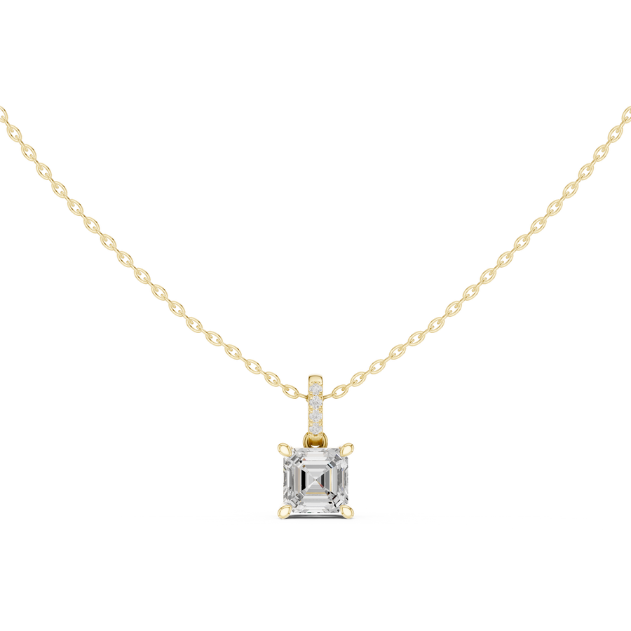 Asscher Cut Lab Grown Diamond Solitaire Pendant with Diamond Bail Necklace, Yellow Gold