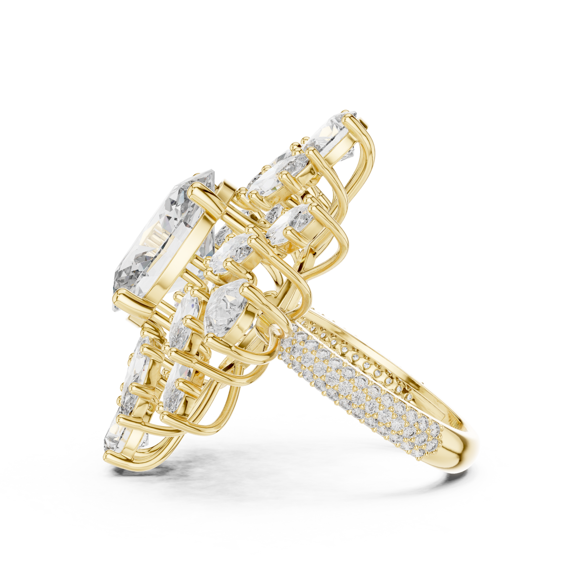 4 CT Oval Cut Floral Cluster Diamond Ring with Marquise & Pear Side Stones, Yellow Gold