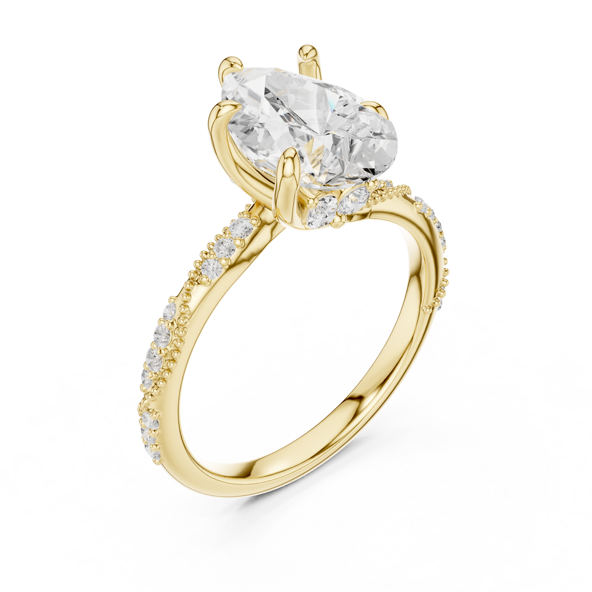 Pear Cut Lab-Grown Diamond Ring With Milgrain Pavé Split-Shank Band, Yellow Gold