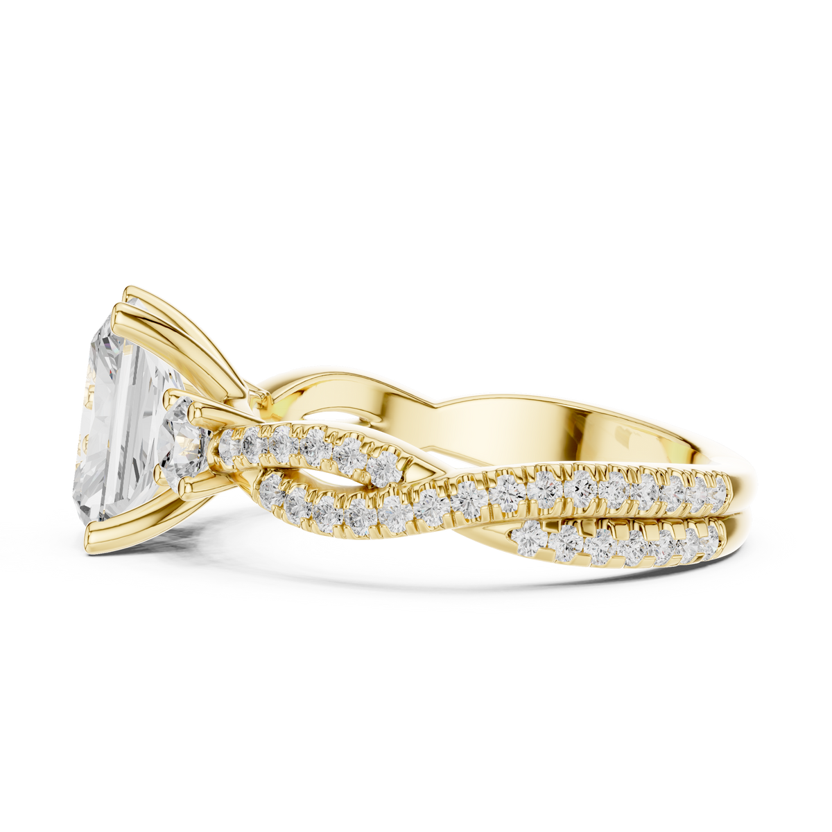 Radiant Cut Lab-Grown Diamond 3 Stone Proposal Ring with Twisted Pavé Band, Yellow Gold
