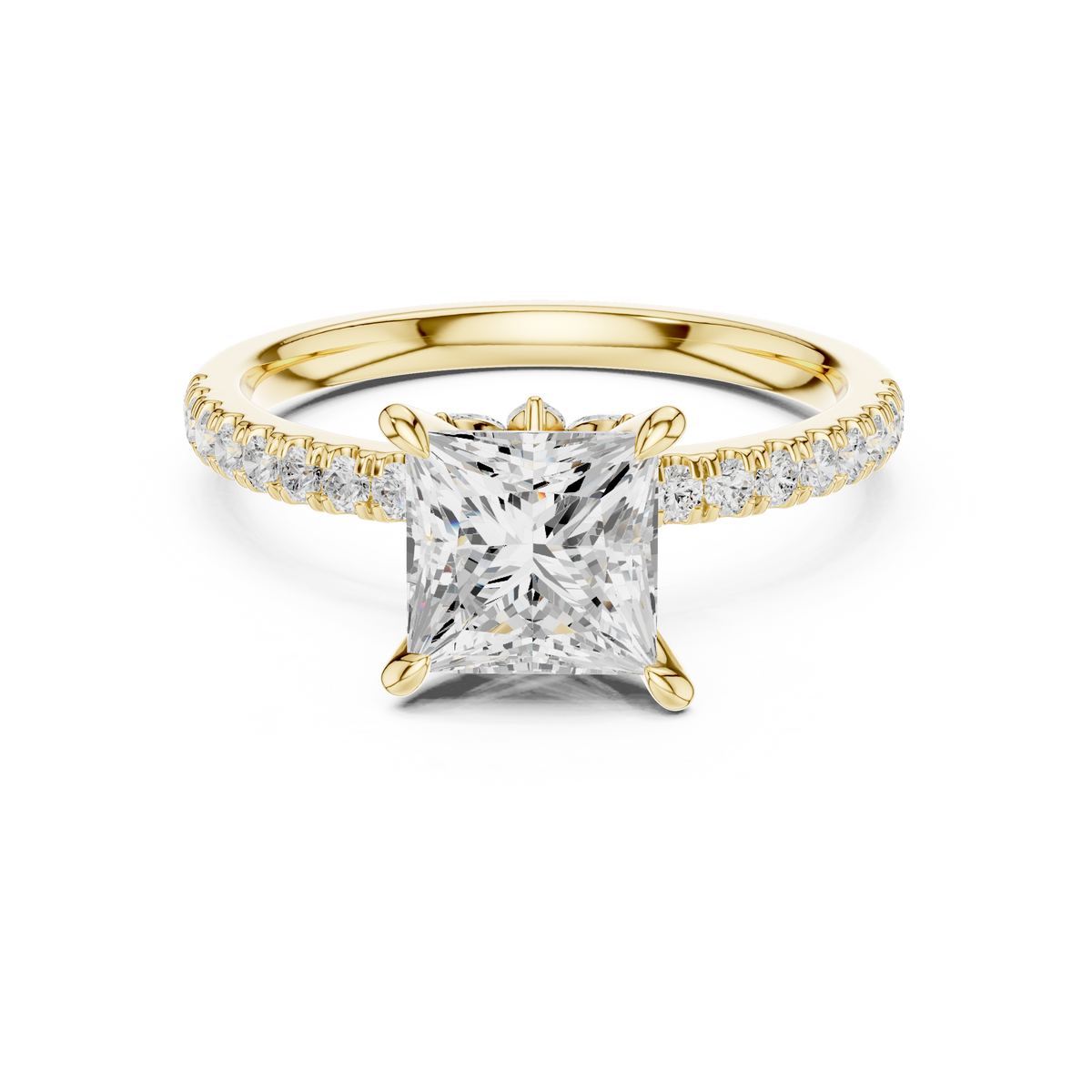 Princess Cut Lab-Grown Diamond Anniversary Ring with Hidden Halo and Pavé Band, Yellow Gold