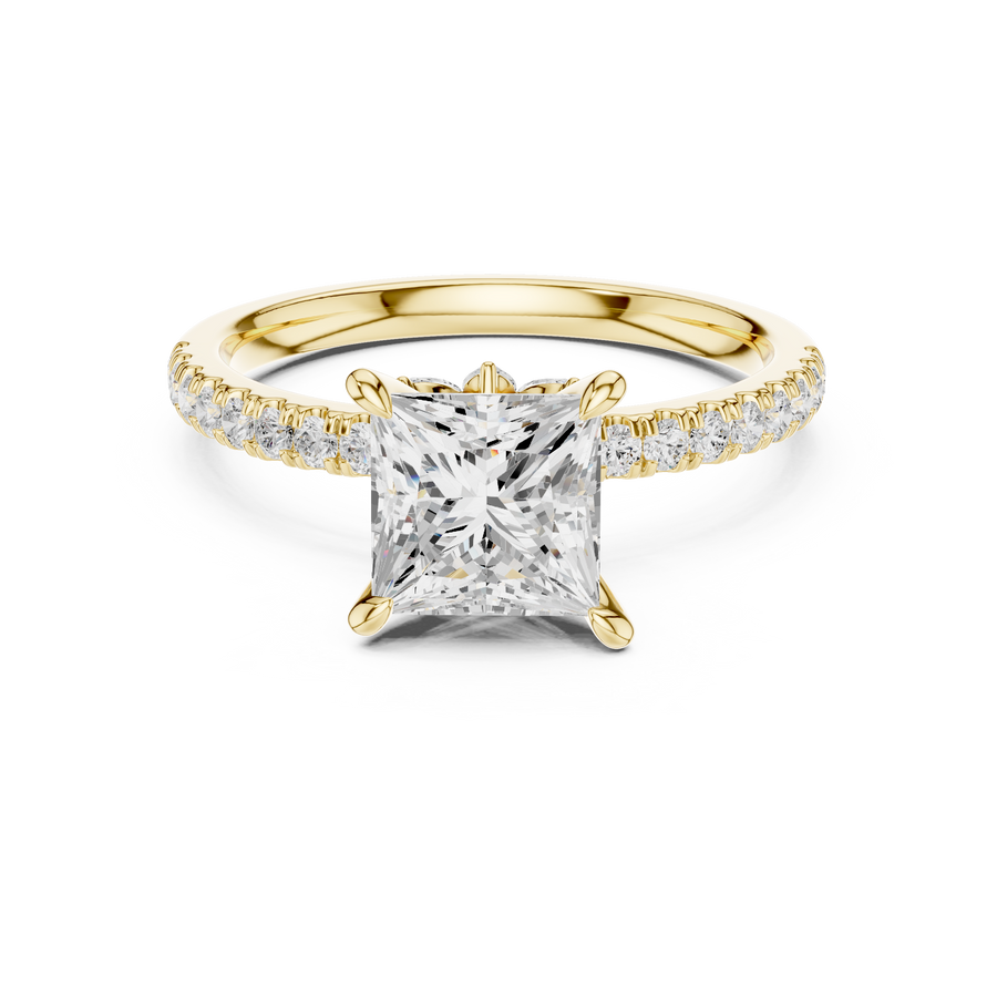 Princess Cut Lab-Grown Diamond Anniversary Ring with Hidden Halo and Pavé Band, Yellow Gold
