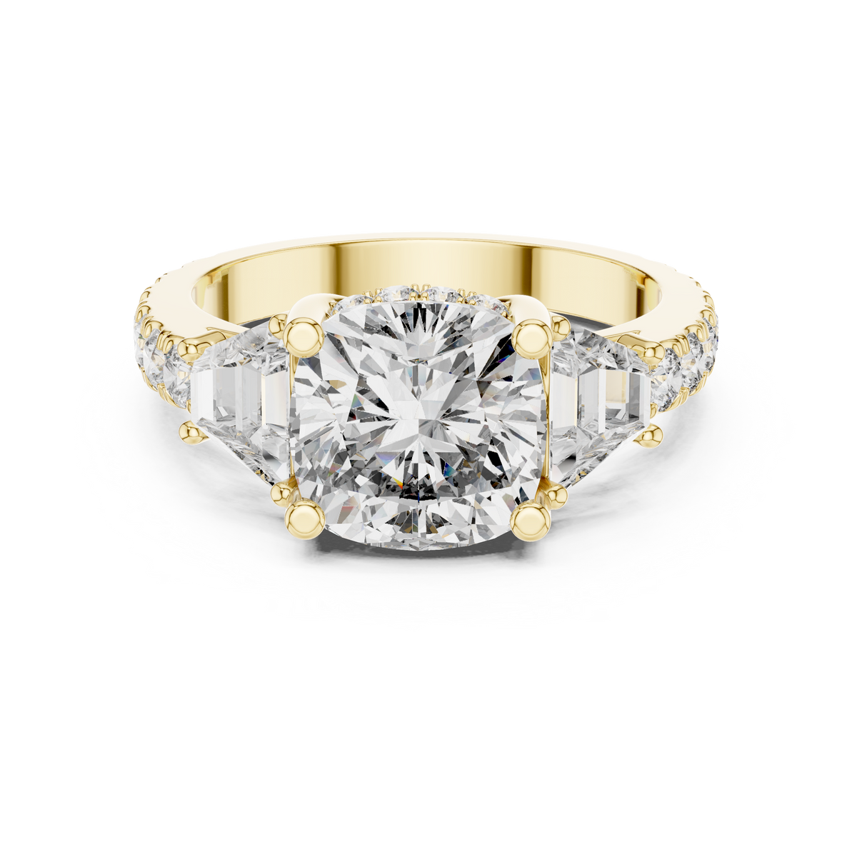 Cushion Cut Lab Grown Diamond Halo Engagement Ring with Pavé Double Band, Yellow Gold