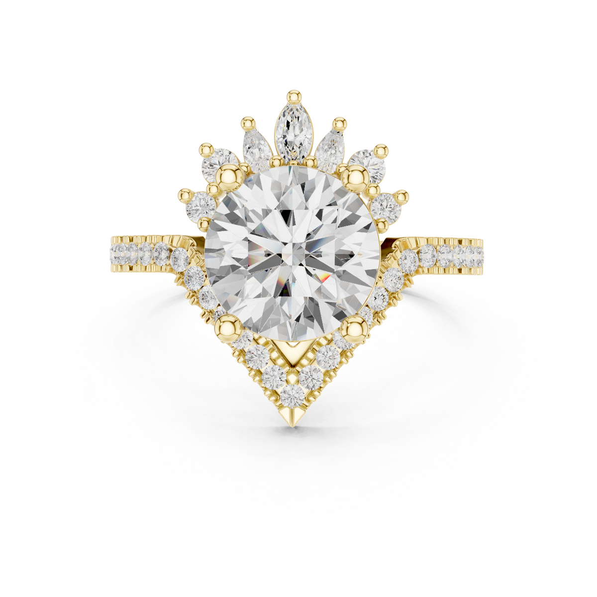 2.10 CT Round Marquise Halo Lab Grown Diamond Ring with Oval Accent, Yellow Gold