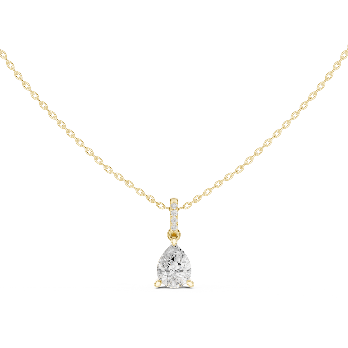 Pear Cut Lab Grown Diamond Solitaire Pendant with Diamond Bail Necklace, Yellow Gold