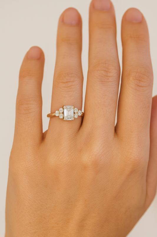 emerald and round lab grown diamond ring