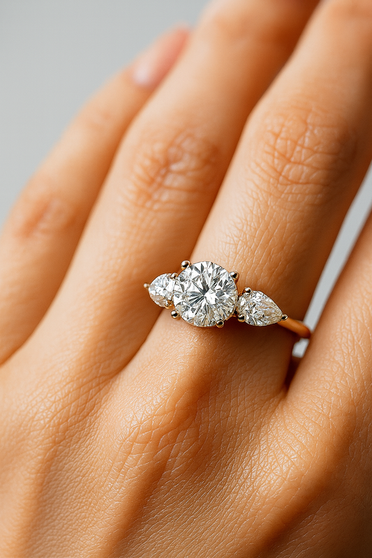 lab diamond round and pear ring in finger