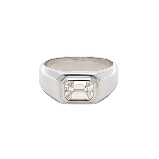Silver ring with a diamond on a white background