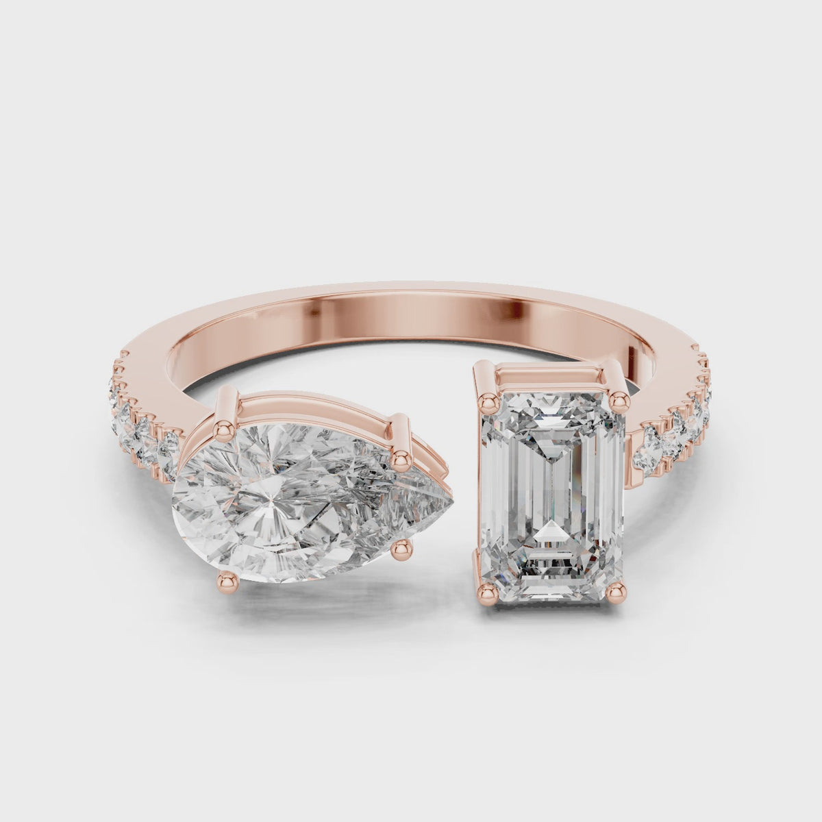 IGI Certified Toi et Moi Lab Grown Diamond Ring with Pear and Emerald Cut Diamonds, Rose Gold