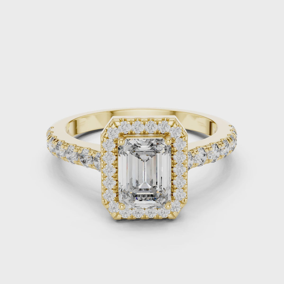 Emerald Cut Lab Grown Diamond Halo Ring IGI Certified, Yellow Gold