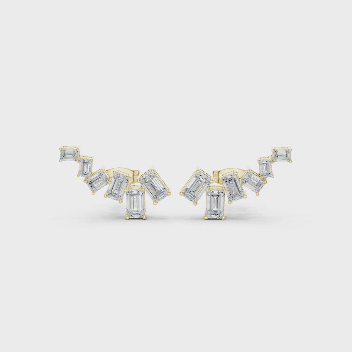 IGI Certified Emerald Cut Diamond Ear Climber Stud Earrings, Yellow Gold