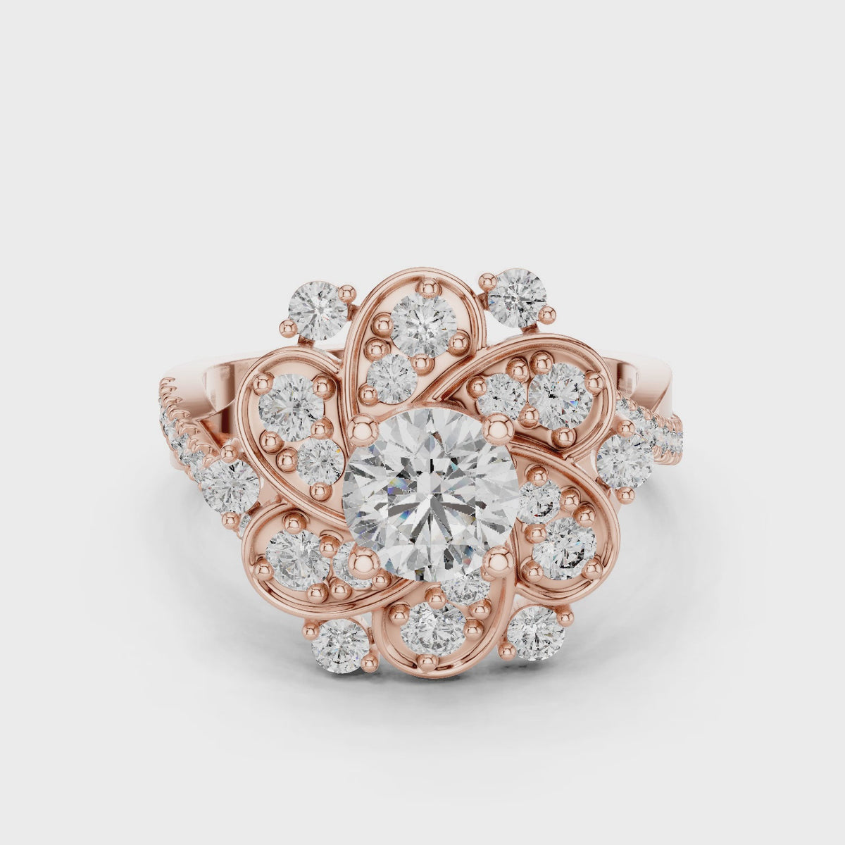 Lab Grown Diamond Floral Cluster Ring – 1.65 CT Round Cut, Rose Gold