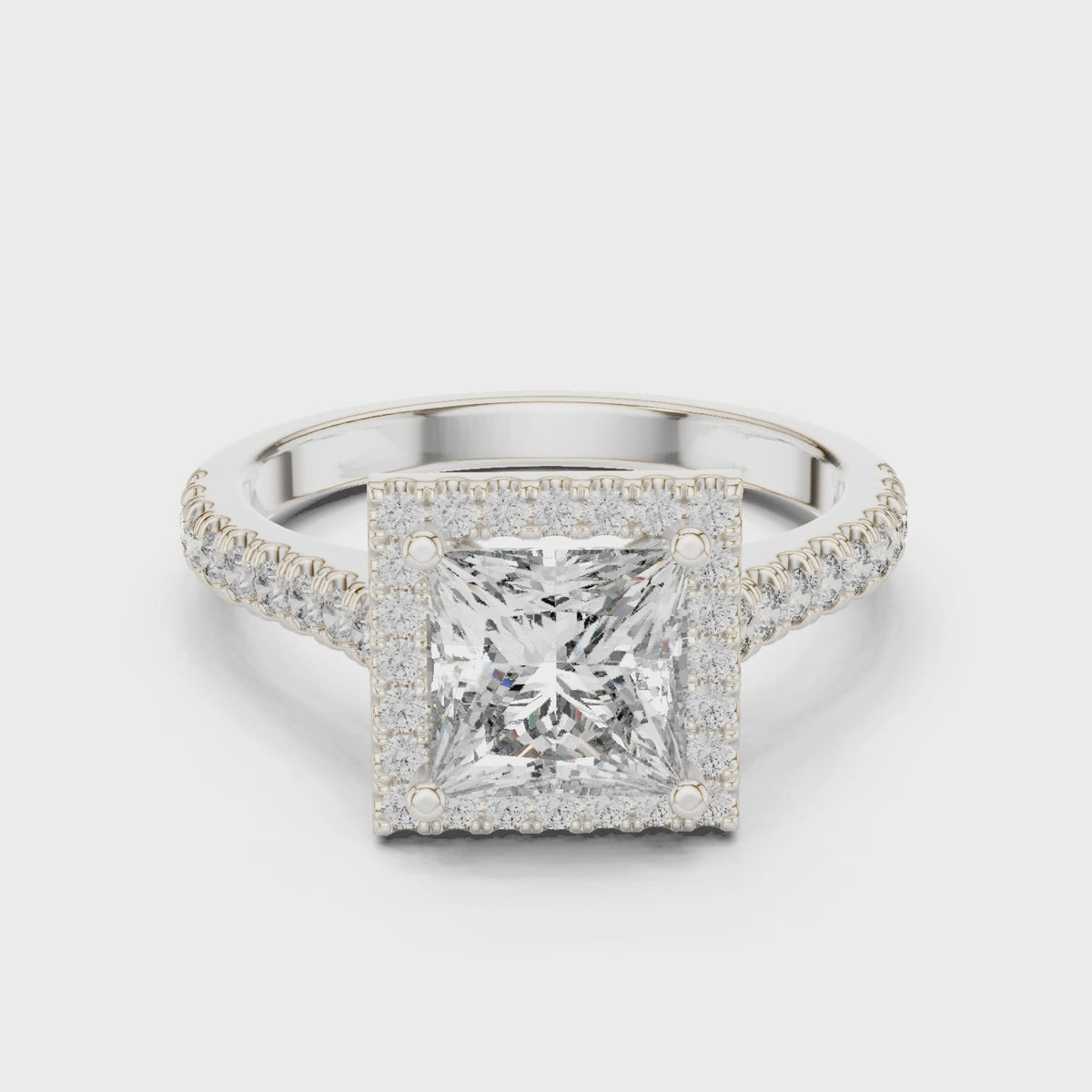 IGI Certified Princess Cut Halo Lab-Grown Diamond Wedding Ring, White Gold