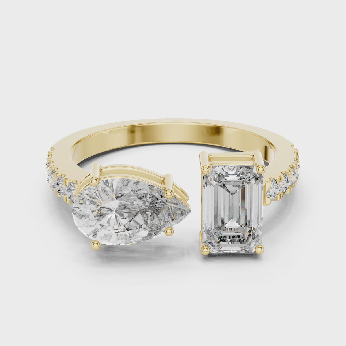IGI Certified Toi et Moi Lab Grown Diamond Ring with Pear and Emerald Cut Diamonds, Yellow Gold
