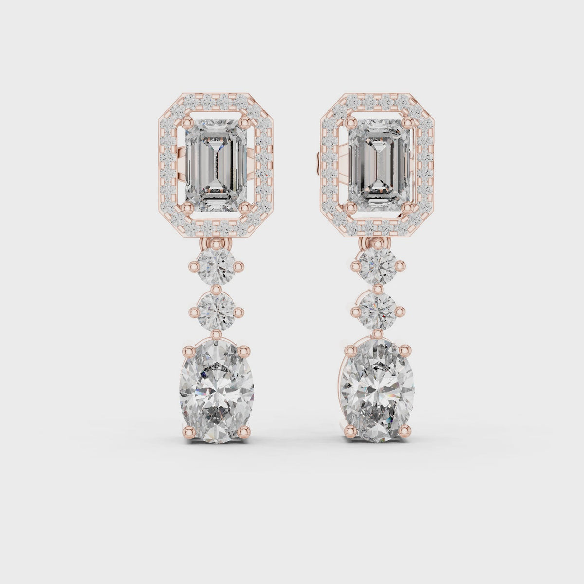 3.02 CT Emerald & Oval Lab Grown Diamond Halo Drop Earrings, Rose Gold