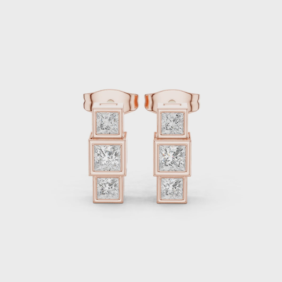 IGI Certified Princess Cut Diamond Three Stone Stud Earrings, Rose Gold