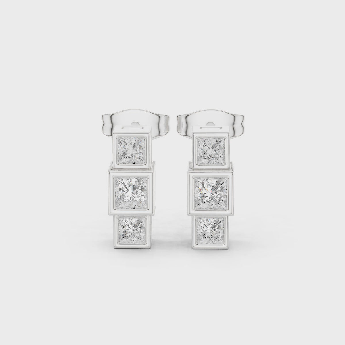 IGI Certified Princess Cut Diamond Three Stone Stud Earrings, White Gold