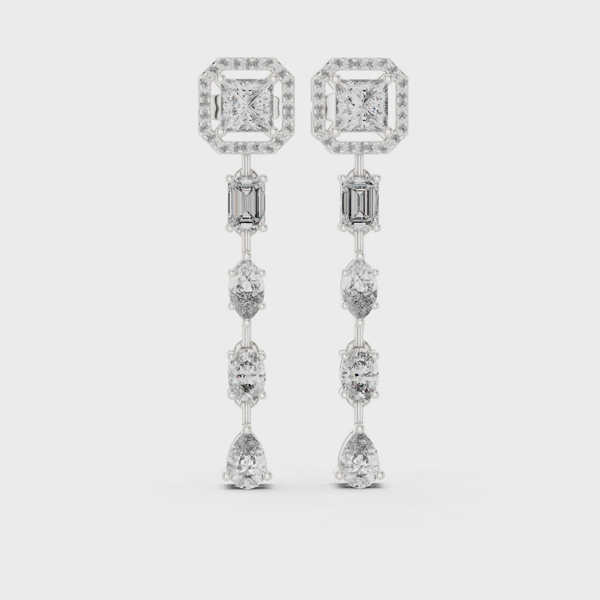Multi Shape Lab Grown Diamond Statement Drop Earrings, White Gold