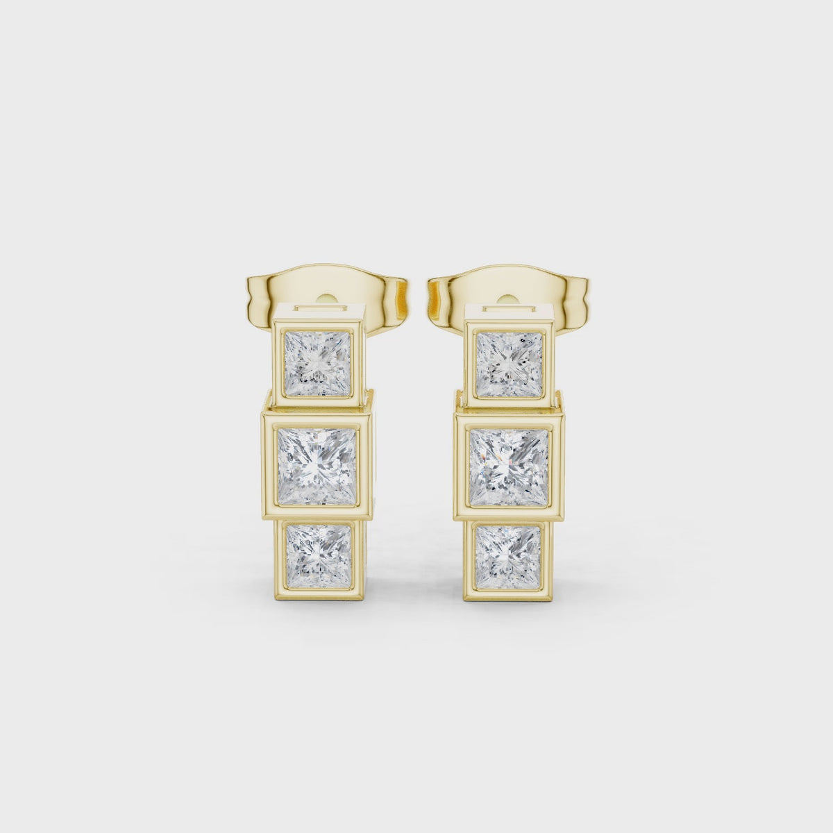 IGI Certified Princess Cut Diamond Three Stone Stud Earrings, Yellow Gold