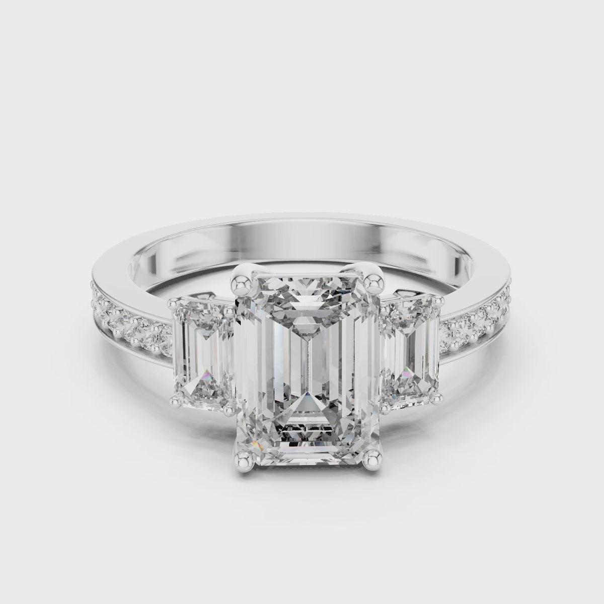 IGI Certified Emerald Cut Lab Grown Diamond Ring with Emerald Side Stones, White Gold