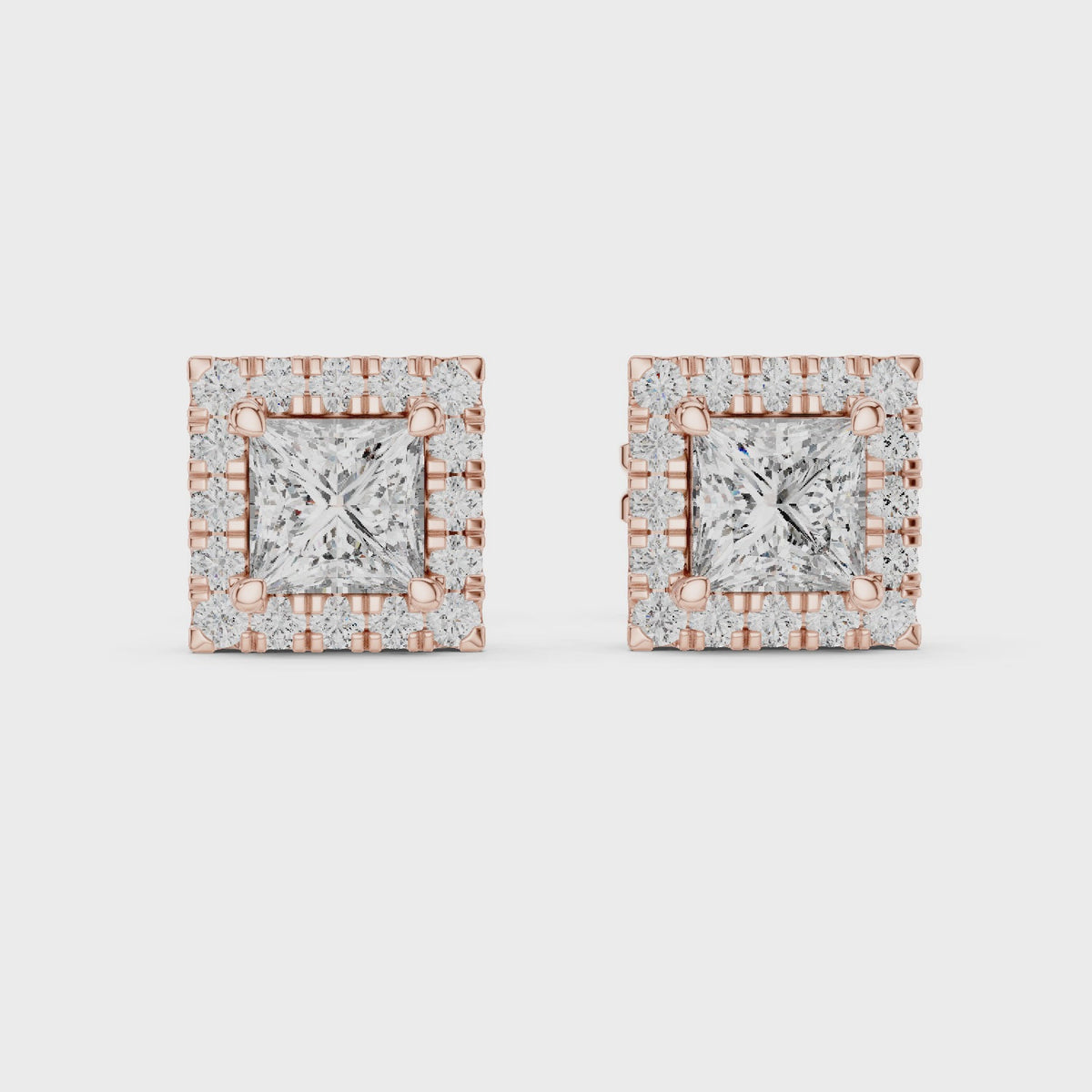 IGI Certified Princess Cut Diamond Halo Stud Earrings, Rose Gold