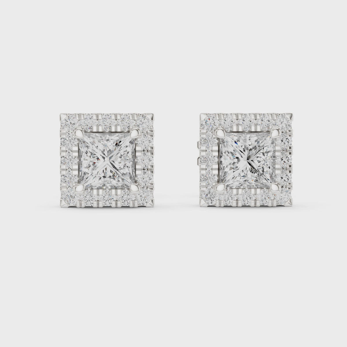 IGI Certified Princess Cut Diamond Halo Stud Earrings, White Gold