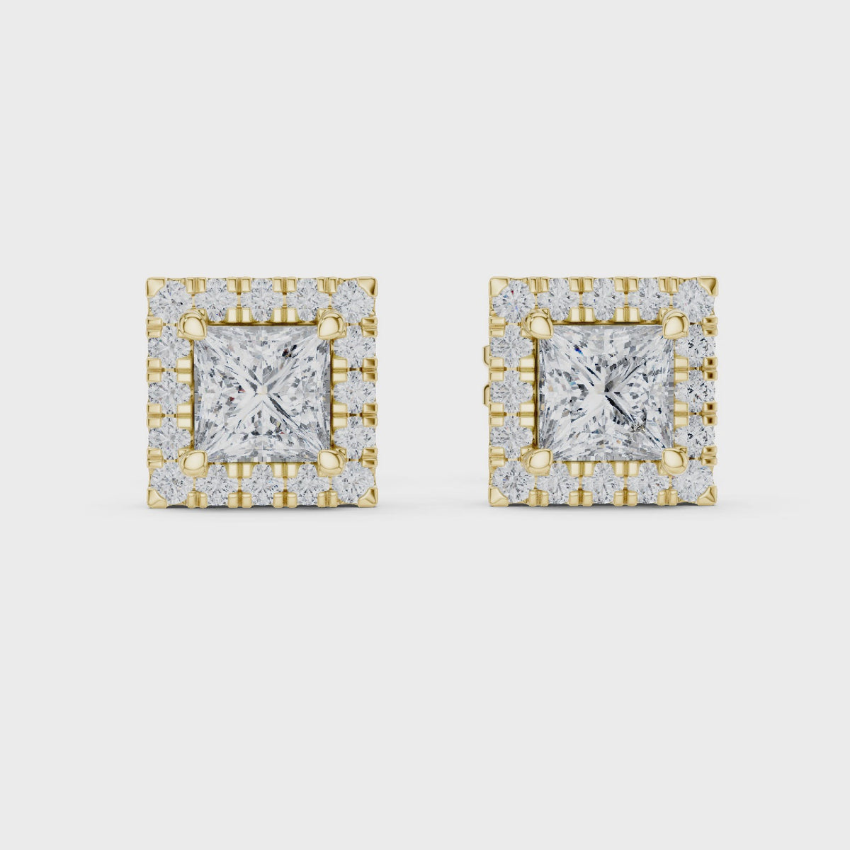 IGI Certified Princess Cut Diamond Halo Stud Earrings, Yellow Gold