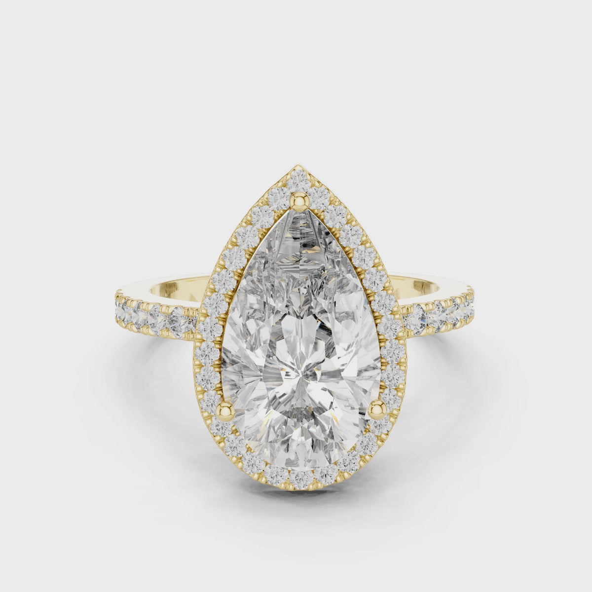 IGI Certified Pear Cut Halo Lab Grown Diamond Bridal Ring, Yellow Gold