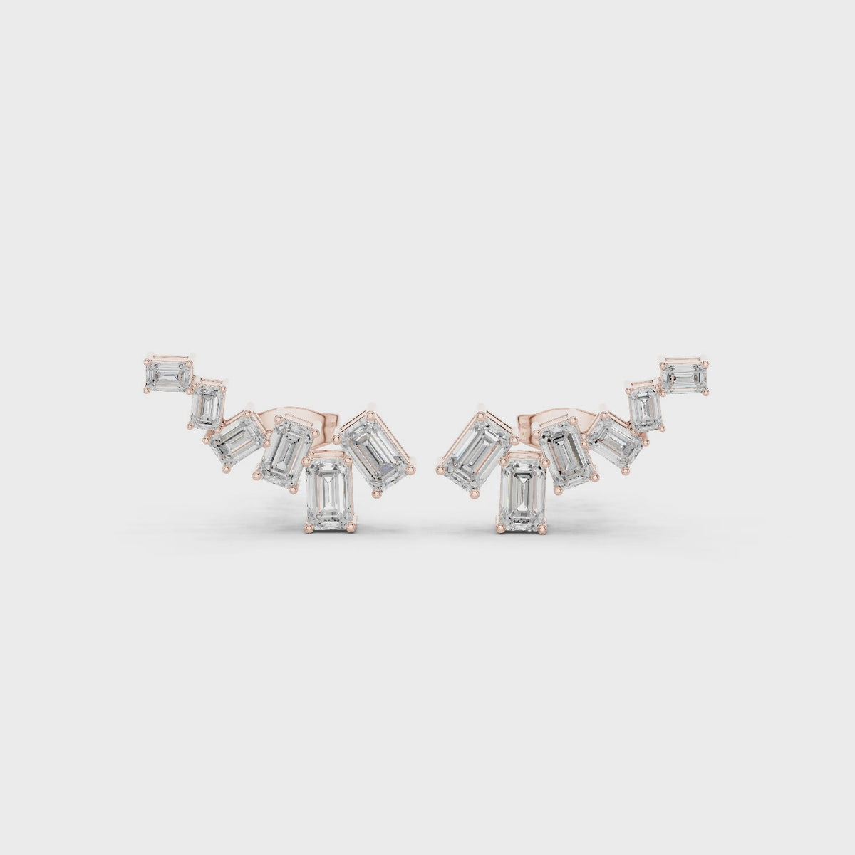 IGI Certified Emerald Cut Diamond Ear Climber Stud Earrings, Rose Gold