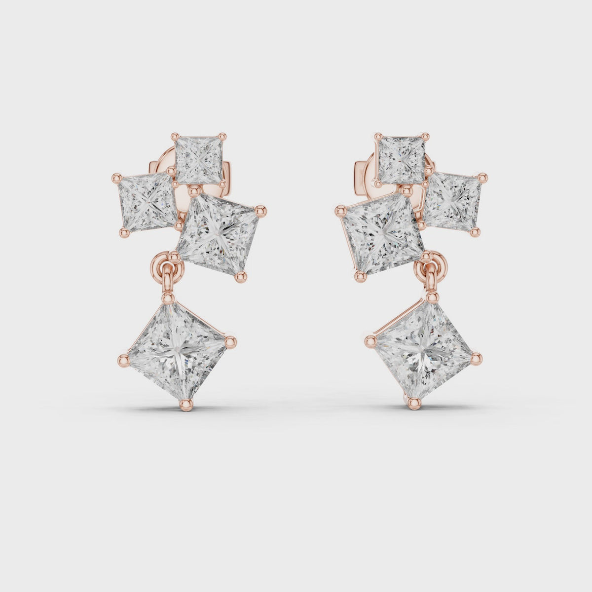Princess Cut Lab Grown Diamond Drop Earrings, Rose Gold