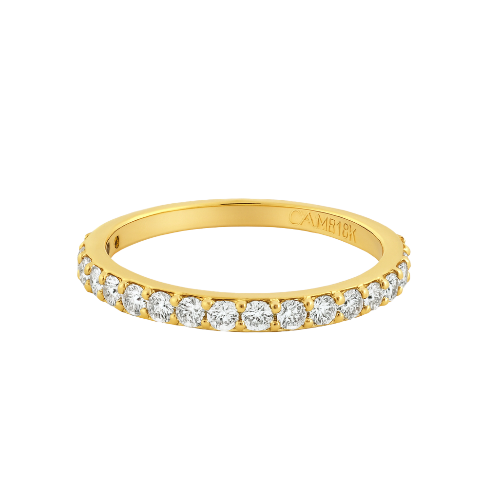 Gold band ring with diamonds on a white background